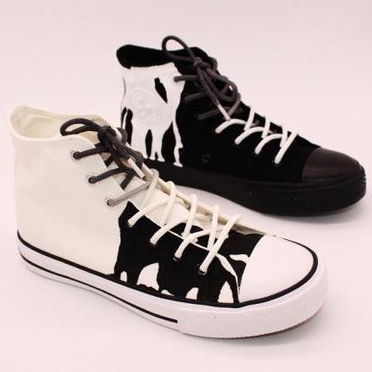 Hand Drawn Sneakers Black High Top Canvas Shoes..