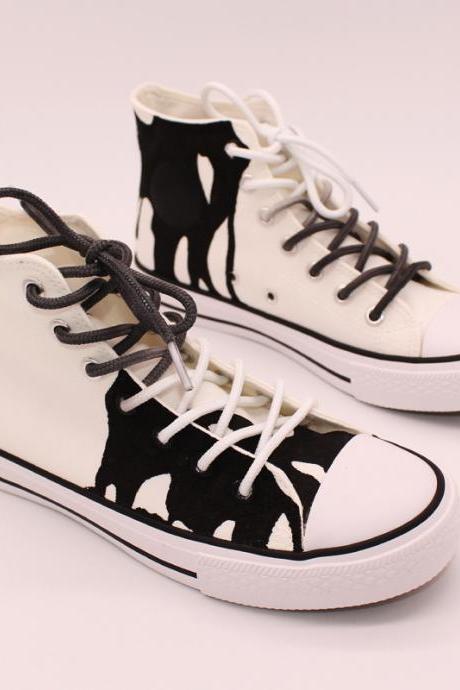Hand Drawn White Sneakers Canvas Shoes Flood Of Abstract Art Mens And Womens High Top Tennis Shoes