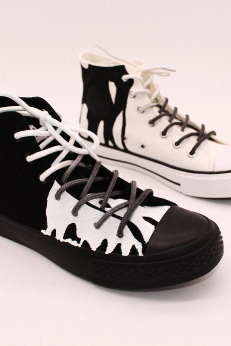 Hand Drawn Sneakers Black High Top Canvas Shoes Flood Of Abstract Art Mens And Womens Tennis Shoes